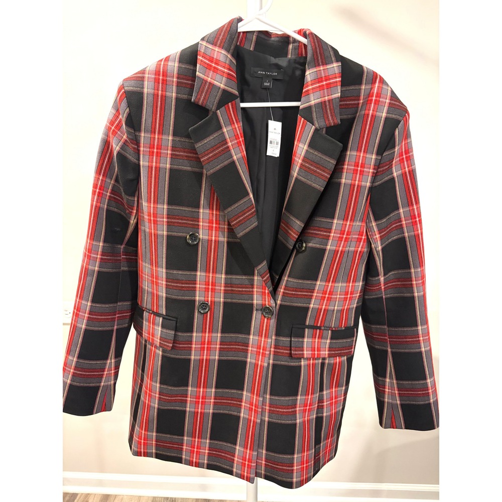 NWT Ann Taylor Red Plaid Double Breasted Blazer Jacket Size 4 Workwear Academia
